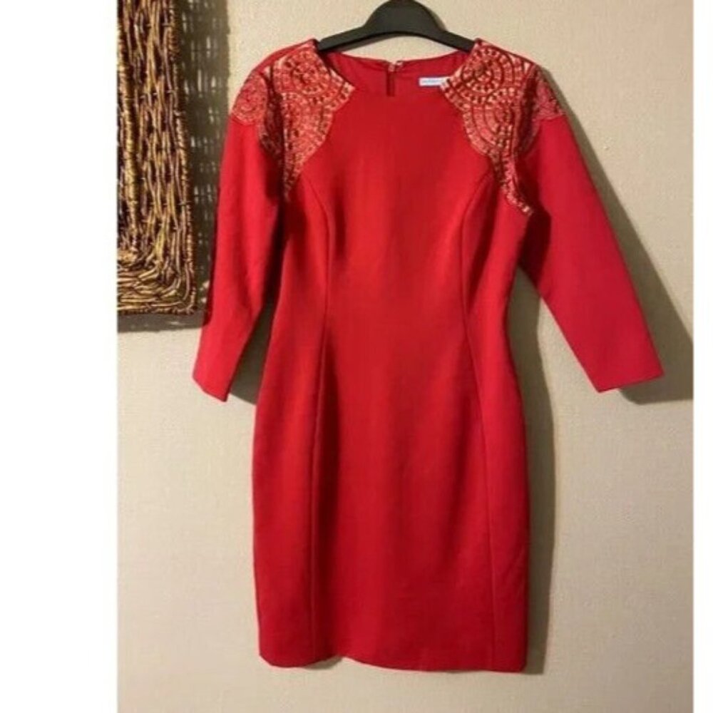 Antonio Melani Dress Red 6 Small Career Church Stretch 3/4 Long Sleeve Sheath - Picture 8 of 8